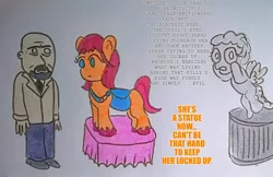 Size: 2112x1370 | Tagged: safe, artist:dex stewart, derpibooru import, cozy glow, sunny starscout, earth pony, pegasus, pony, g5, doctor loomis, halloween, holiday, image, jpeg, simple background, statue, text, traditional art