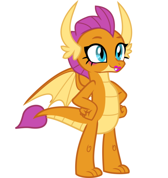 Size: 1890x2007 | Tagged: safe, alternate version, anonymous artist, derpibooru import, edit, vector edit, smolder, dragon, what lies beneath, .svg available, cute, derpibooru exclusive, dragoness, eyelashes, female, g4, hand on hip, high res, horns, image, lipstick, png, simple background, smiling, smolderbetes, solo, tail, transparent background, vector, wings