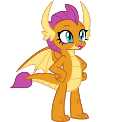 Size: 1890x2007 | Tagged: safe, alternate version, anonymous artist, derpibooru import, edit, vector edit, smolder, dragon, what lies beneath, .svg available, cute, derpibooru exclusive, dragoness, eyelashes, female, g4, hand on hip, high res, horns, image, lipstick, png, simple background, smiling, smolderbetes, solo, tail, transparent background, vector, wings