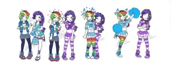 Size: 2338x934 | Tagged: safe, artist:bluelilytz, derpibooru import, rainbow dash, rarity, equestria girls, cheerleader, cheerleader outfit, clothes, converse, hypnosis, image, png, shoes, skirt, sneakers, socks, thigh highs