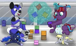 Size: 5030x3030 | Tagged: suggestive, artist:small-brooke1998, derpibooru import, oc, oc:charming dazz, oc:mega, anthro, dog, pony, age regression, blocks, commission, diaper, duo, image, magic, nursery, playdate, playpen, png, stuffie, younger