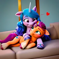 Size: 4096x4096 | Tagged: safe, ai content, derpibooru import, machine learning generated, prompter:catu, stable diffusion, izzy moonbow, sunny starscout, earth pony, pony, unicorn, g5, absurd resolution, adorable face, blushing, chest fluff, couch, cuddling, cute, daaaaaaaaaaaw, duo, duo female, female, floppy ears, generator:pony diffusion v6 xl, generator:purplesmart.ai, heart, hug, hug from behind, image, izzybetes, lesbian, looking at each other, looking at someone, lying down, mane stripe sunny, mare, peaceful, png, ship:moonscout, shipping, side, sitting, smiling, smiling at each other, sunnybetes, unshorn fetlocks