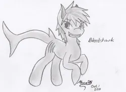 Size: 4989x3649 | Tagged: safe, artist:maco25, oc, oc:bleedshark, unofficial characters only, original species, pony, shark, shark pony, female, grin, image, jpeg, looking sideways, mare, sharp teeth, signature, simple background, smiling, solo, teeth, traditional art, white background