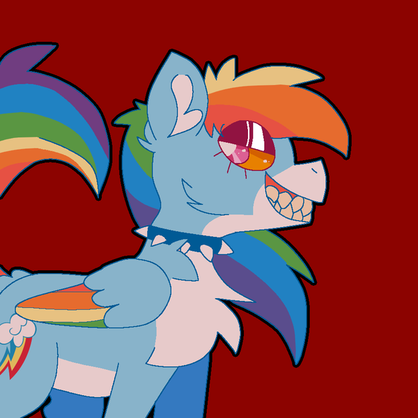 Size: 900x900 | Tagged: safe, artist:peribot, derpibooru import, rainbow dash, pegasus, pony, chest fluff, choker, image, png, red background, simple background, smiling, solo, spiked choker, teeth