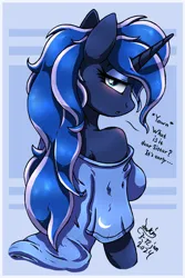 Size: 900x1350 | Tagged: safe, artist:joakaha, derpibooru import, princess luna, alicorn, anthro, bed hair, breasts, image, jpeg, looking at you, looking back, messy mane, talking to viewer, wingless