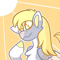 Size: 663x662 | Tagged: safe, artist:peribot, derpibooru import, derpy hooves, pegasus, pony, bust, chest fluff, hoof on chin, image, png, simple background, smiling, solo, sun