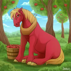 Size: 3200x3200 | Tagged: safe, artist:jenery, derpibooru import, big macintosh, earth pony, pony, apple, apple tree, bucket, food, g4, grass, green eyes, high res, hoers, horse collar, image, jpeg, looking at you, male, mane, missing cutie mark, outdoors, scenery, sitting, smiling, solo, stallion, tree, unshorn fetlocks