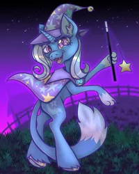 Size: 993x1240 | Tagged: safe, artist:sainthorse, derpibooru import, trixie, cat, pony, unicorn, cape, clothes, ear fluff, fangs, fence, g4, grass, hat, image, looking at you, night, open clothes, open shirt, outdoors, paw pads, png, slit pupils, solo, species swap, starry eyes, starry night, tail, trixie's cape, trixie's hat, wand, wingding eyes