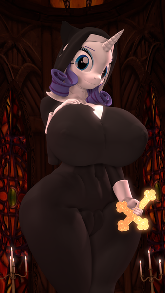 Size: 720x1280 | Tagged: questionable, artist:snuddy, banned from derpibooru, deleted from derpibooru, derpibooru import, rarity, anthro, unicorn, big breasts, breasts, cameltoe, candle, church, cross, curvy, female, huge breasts, image, nun, png, smiling, solo, thick, thighs, tight clothing, vacuum sealed clothing, wide hips