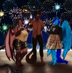 Size: 3334x3360 | Tagged: safe, artist:blackblood-queen, derpibooru import, oc, oc:lady lovegreen, oc:static, unofficial characters only, anthro, digitigrade anthro, pegasus, pony, unguligrade anthro, anthro oc, beach, commission, digital art, dracony oc, drink, female, fireworks, furry, furry oc, glass, happy, image, male, mare, night, non-mlp oc, pegasus oc, png, shortstack, smiling, water, wine glass, wings
