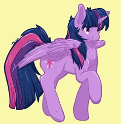 Size: 780x797 | Tagged: safe, artist:thepinkdragon123, derpibooru import, twilight sparkle, twilight sparkle (alicorn), alicorn, pony, female, image, jpeg, mare, raised hoof, signature, simple background, smiling, solo, yellow background