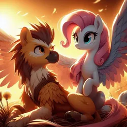 Size: 1024x1024 | Tagged: safe, ai content, derpibooru import, machine learning generated, gryphon, pegasus, pony, bing, eared griffon, feathered wings, flower, image, jpeg, looking at each other, looking at someone, not pinkie pie, photo, spread wings, sunset, wings