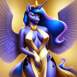 Size: 1024x1024 | Tagged: suggestive, ai content, derpibooru import, machine learning generated, prompter:clopai4u, princess luna, alicorn, anthro, both cutie marks, breasts, busty princess luna, clothes, dress, female, gala dress, image, lidded eyes, looking at you, png, side slit, smiling, solo, solo female, spread wings, wings
