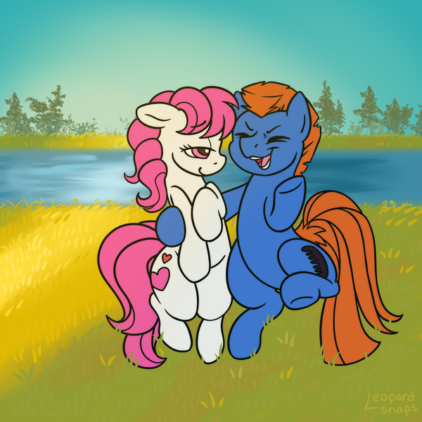 Size: 3000x3000 | Tagged: safe, alternate version, artist:leopardsnaps, derpibooru import, sunbeam, sweetheart, teddy, earth pony, pony, g1, my little pony tales, detailed background, duo, eyes closed, floppy ears, grass, image, lidded eyes, looking at someone, open mouth, open smile, png, raised hoof, raised leg, river, shipping, shy, side hug, smiling, sunrise, talking, tree, water