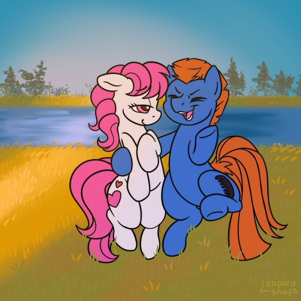 Size: 3000x3000 | Tagged: safe, alternate version, artist:leopardsnaps, derpibooru import, sunbeam, sweetheart, teddy, earth pony, pony, g1, my little pony tales, detailed background, duo, eyes closed, floppy ears, grass, image, lidded eyes, looking at someone, open mouth, open smile, png, raised hoof, raised leg, river, shipping, shy, side hug, smiling, sunrise, talking, tree, water