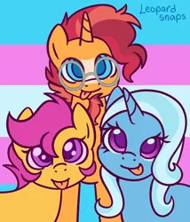 Size: 3000x3500 | Tagged: safe, artist:leopardsnaps, derpibooru import, scootaloo, sunburst, trixie, pegasus, pony, unicorn, beard, facial hair, female, filly, foal, glasses, image, looking at you, male, mare, png, pride, pride flag, pride flag background, smiling, stallion, tongue out, transgender pride flag