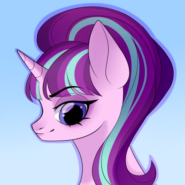 Size: 2600x2600 | Tagged: safe, artist:undersidecat, derpibooru import, starlight glimmer, pony, unicorn, blue background, bust, eyebrows, eyebrows visible through hair, female, gradient background, image, mare, png, portrait, s5 starlight, simple background, smiling, solo