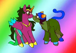 Size: 1084x757 | Tagged: safe, artist:dailyfefnepz, derpibooru import, ponified, alicorn, earth pony, pony, blushing, clothes, dithering, duo, feferi peixes, glasses, gradient background, homestuck, image, looking at each other, looking at someone, nepeta leijon, png, rainbow background, smiling, smiling at each other