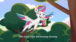 Size: 3072x1727 | Tagged: safe, derpibooru import, screencap, zipp storm, pegasus, pony, g5, my little pony: tell your tale, spoiler:g5, spoiler:my little pony: tell your tale, spoiler:tyts02e01, banana, drink, female, flying, food, headphones, icy prints, image, jpeg, mare, open mouth, open smile, smiling, smoothie, solo, spread wings, wings