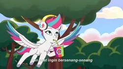 Size: 3072x1727 | Tagged: safe, derpibooru import, screencap, zipp storm, pegasus, pony, g5, my little pony: tell your tale, spoiler:g5, spoiler:my little pony: tell your tale, spoiler:tyts02e01, banana, drink, drinking, female, flying, food, headphones, icy prints, image, jpeg, mare, smoothie, solo, spread wings, wings