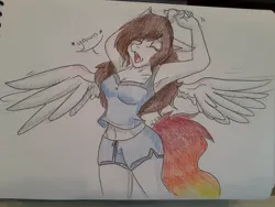 Size: 2048x1536 | Tagged: safe, artist:mscolorsplash, derpibooru import, oc, oc:color splash, unofficial characters only, anthro, pegasus, armpits, arms in the air, belly button, breasts, busty oc, clothes, eyes closed, image, jpeg, midriff, pajamas, shorts, solo, spread wings, stretching, traditional art, wings, yawn