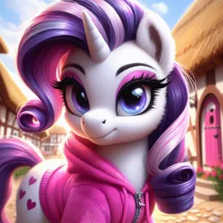 Size: 1024x1024 | Tagged: safe, ai content, machine learning generated, ponerpics import, ponybooru import, rarity, pony, unicorn, alternate cutie mark, aside glance, bing, clothes, female, fluffy, hoodie, image, jpeg, looking at you, mare, ponyville, sideways glance, solo