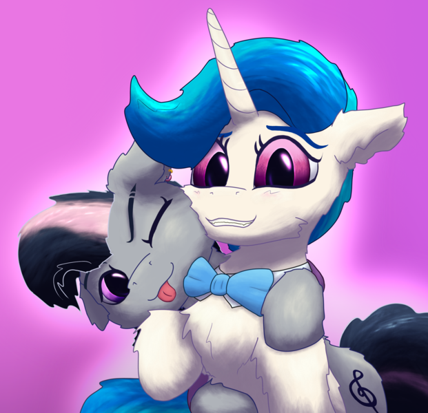 Size: 2380x2300 | Tagged: safe, artist:gosha305, derpibooru import, idw, octavia melody, vinyl scratch, earth pony, pony, unicorn, :p, abstract background, alternate hairstyle, alternate universe, blushing, bowtie, bust, cheek fluff, cheek to cheek, chest fluff, cuddling, cute, duo, ear fluff, female, floppy ears, fluffy, g4, high res, horn, hug, image, lesbian, looking at you, mare, mirror universe, one eye closed, pink background, png, portrait, scratchtavia, shipping, simple background, smiling, tavibetes, tongue out, vinylbetes, wink