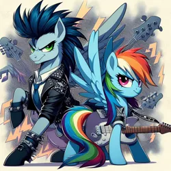 Size: 1024x1024 | Tagged: safe, ai content, derpibooru import, machine learning generated, prompter:*rainbow dash*, rainbow dash, soarin', clothes, female, g4, generator:bing image creator, guitar, image, male, musical instrument, png, punk rock, shipping, soarindash, straight