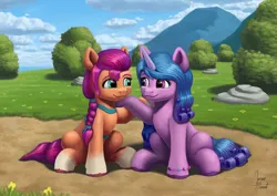 Size: 1550x1096 | Tagged: safe, artist:saphypone, derpibooru import, izzy moonbow, sunny starscout, earth pony, pony, unicorn, g5, bracelet, braid, duo, duo female, eye contact, female, friendship bracelet, horn, image, jewelry, lesbian, looking at each other, looking at someone, mare, outdoors, png, ship:moonscout, shipping, sitting, smiling, smiling at each other, unshorn fetlocks