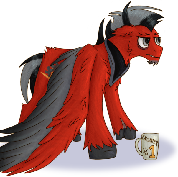 Size: 2549x2534 | Tagged: safe, artist:gambrygs, derpibooru import, oc, oc:silverspeed, pegasus, pony, bandana, black, black hooves, black mane, black wings, chest fluff, colored, engineer, fluffy, full body, full color, gray, gray eyes, gray mane, grumpy, image, male, mug, png, red, red coat, render, scar, short mane, silver, solo, stallion, tired, wings