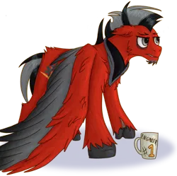 Size: 2549x2534 | Tagged: safe, artist:gambrygs, derpibooru import, oc, oc:silverspeed, pegasus, pony, bandana, black, black hooves, black mane, black wings, chest fluff, colored, engineer, fluffy, full body, full color, gray, gray eyes, gray mane, grumpy, image, male, mug, png, red, red coat, render, scar, short mane, silver, solo, stallion, tired, wings