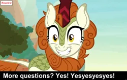 Size: 1920x1212 | Tagged: safe, derpibooru import, edit, edited screencap, screencap, autumn blaze, kirin, comic:celestia's servant interview, season 8, sounds of silence, spoiler:s08, caption, cs captions, female, g4, grin, image, image macro, interview, looking at you, png, smiling, smiling at you, solo, text