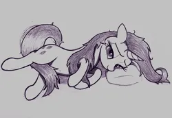 Size: 2507x1725 | Tagged: safe, artist:mizhisha, derpibooru import, rarity, pony, bedroom eyes, female, image, looking at you, lying down, mare, messy mane, monochrome, pillow, png, simple background, smiling, smiling at you, solo, traditional art