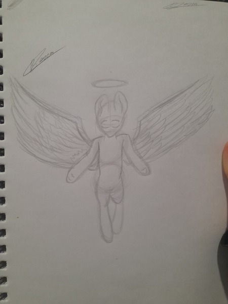 Size: 3000x4000 | Tagged: safe, artist:bazza, derpibooru import, pegasus, pony, angel, ascension, base, base used, big ears, floating, frog (hoof), halo, high res, image, jpeg, pencil drawing, pose, practice, practice drawing, practice sketch, signature, simple background, spread wings, traditional art, underhoof, wings