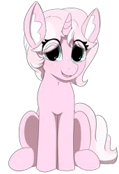 Size: 1749x2560 | Tagged: safe, artist:marshmallowfluff, derpibooru import, oc, oc:marshmallow fluff, unofficial characters only, pony, unicorn, derpibooru community collaboration, 2024 community collab, eye clipping through hair, freckles, image, looking at you, open mouth, open smile, png, simple background, sitting, smiling, transparent background