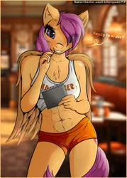 Size: 2408x3356 | Tagged: suggestive, alternate version, artist:killerqueen1911, derpibooru import, scootaloo, anthro, pegasus, pony, abs, alternate character, chest fluff, clothes, ear fluff, erect nipples, feathered wings, female, folded wings, hooters, image, mare, muscles, muscular female, nipple outline, older, png, shorts, watermark, wings