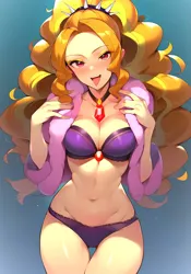 Size: 1344x1920 | Tagged: suggestive, ai content, derpibooru import, machine learning generated, stable diffusion, adagio dazzle, equestria girls, belly button, blushing, bra, breasts, busty adagio dazzle, cleavage, clothes, female, g4, gem, generator:pony diffusion v6 xl, generator:purplesmart.ai, high res, image, jpeg, legs together, lidded eyes, looking at you, midriff, open mouth, panties, prompter:lerkyboy, purple bra, purple underwear, sexy, simple background, siren gem, smiling, solo, solo female, stupid sexy adagio dazzle, tongue out, underwear, wide hips
