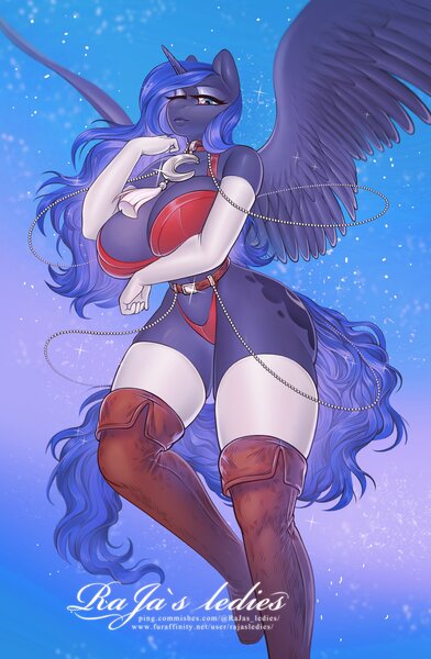 Size: 2673x4096 | Tagged: suggestive, artist:rajas_ledies, derpibooru import, princess luna, anthro, big breasts, bikini, breasts, clothes, female, gloves, huge breasts, image, jpeg, looking at you, swimsuit, wasp waist