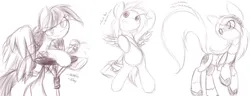 Size: 2800x1080 | Tagged: safe, artist:dshou, derpibooru import, wild fire, oc, oc:cloudsmasher, oc:pack rat, pegasus, pony, robot, robot pony, female, image, jpeg, leaning, looking at you, mare, monochrome, sketch, small wings, table, wings