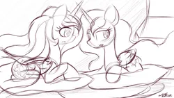 Size: 1920x1080 | Tagged: safe, artist:dshou, derpibooru import, princess celestia, oc, unofficial characters only, alicorn, pony, princess molestia, duo, female, image, jpeg, lying down, mare, monochrome, prone, self paradox, self ponidox, sketch, slit pupils, solo, talking