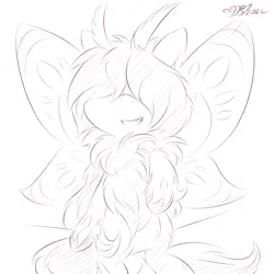 Size: 1200x1200 | Tagged: safe, artist:dshou, derpibooru import, oc, unofficial characters only, insect, moth, mothpony, original species, pony, flying, grin, hair over eyes, image, monochrome, png, sketch, smiling, solo