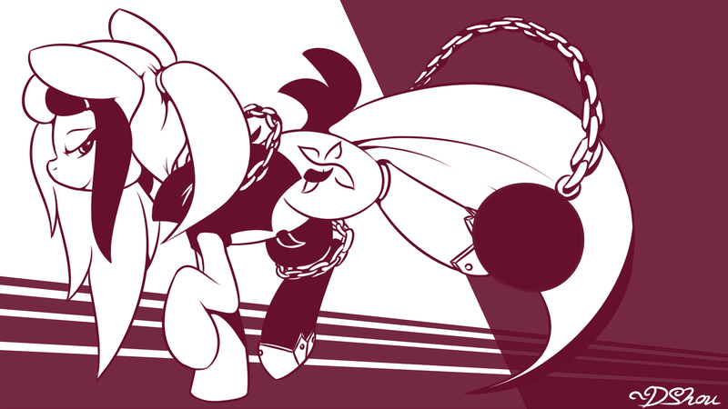 Size: 1920x1080 | Tagged: safe, artist:dshou, derpibooru import, oc, unofficial characters only, pony, ball and chain, clothes, hoof shoes, image, lineart, monochrome, png, solo, two toned mane