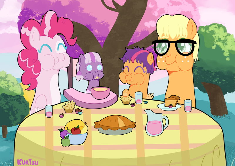 Size: 4093x2894 | Tagged: safe, artist:kurisumuffins, derpibooru import, applejack, pinkie pie, scootaloo, wysteria, pegasus, pony, g3, ^^, adopted offspring, alternate design, alternate universe, brigadeiro (food), cottagecore, cute, eyes closed, food, forest, forest background, fruit, g4, image, magical lesbian spawn, muffin, nature, offspring, parent:applejack, parent:pinkie pie, parents:applepie, picnic, pie (food), png, smiling, strawberry juice, tree