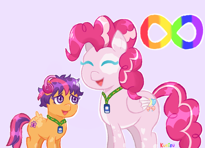 Size: 1280x925 | Tagged: safe, artist:kurisumuffins, derpibooru import, pinkie pie, scootaloo, pegasus, g3, ^^, adopted daughter, adopted offspring, alternate design, alternate universe, autism, eyes closed, g4, image, lavender background, mom and daugther, mom and kid, neurodivergent, neurodivergent symbol, parent:pinkie pie, png, simple background, smiling