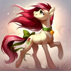 Size: 4096x4096 | Tagged: safe, ai content, derpibooru import, machine learning generated, prompter:doom9454, stable diffusion, roseluck, pony, bow, collar, cute, generator:purplesmart.ai, image, jpeg, pet tag, pony pet, rosepet, tail, tail bow, walking