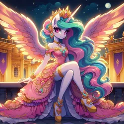 Size: 1024x1024 | Tagged: safe, ai content, derpibooru import, machine learning generated, princess celestia, anthro, beautiful, breasts, clothes, crossed legs, crown, dress, elegant, flowing hair, garters, generator:dall-e 3, high heels, image, jewelry, jpeg, moon, night, palace, regalia, shoes, sitting