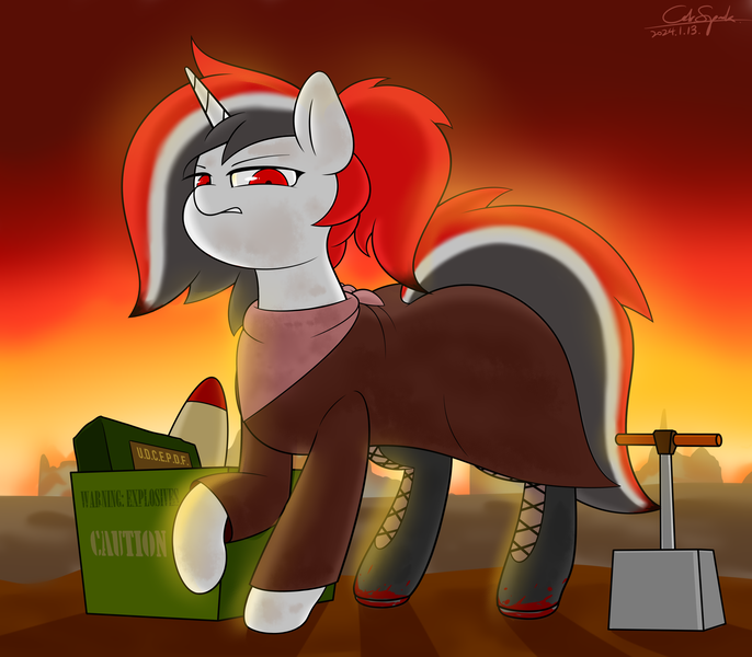 Size: 4000x3500 | Tagged: safe, artist:cdrspark, derpibooru import, oc, oc:red rocket, unicorn, fallout equestria, blood, bomb, boots, clothes, coat, dirty, dusk, explosives, female, horn, image, png, ruins, scarf, shoes, solo, solo female, unamused, unicorn oc, wasteland, weapon