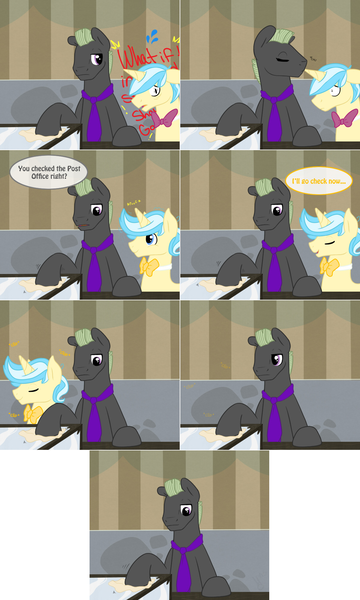 Size: 1202x2006 | Tagged: safe, artist:tell-bashful-bowtie, derpibooru import, oc, oc:bashful bowtie, oc:slugger, unofficial characters only, earth pony, pony, unicorn, bowtie, image, kissing, male, necktie, png, stallion