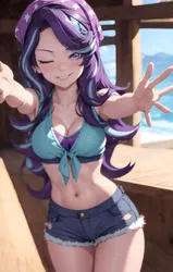 Size: 3007x4740 | Tagged: suggestive, ai content, derpibooru import, editor:sammykun, machine learning generated, starlight glimmer, human, beach, belly button, bikini, bikini top, breasts, busty starlight glimmer, cleavage, clothes, denim, denim shorts, female, front knot midriff, g4, generator:yodayo, hand, hat, hug, humanized, image, jpeg, long hair, looking at you, midriff, ocean, one eye closed, prompter:sammykun, reaching, seductive, seductive look, shorts, sky, smiling, smiling at you, solo, stupid sexy starlight glimmer, swimsuit, thighs, water, wink, winking at you, wood