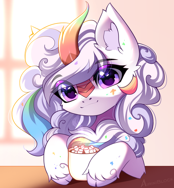 Size: 1165x1262 | Tagged: safe, artist:airiniblock, derpibooru import, oc, oc:cloudy canvas, kirin, chocolate, commission, cute, ear fluff, food, hot chocolate, image, marshmallow, morning, png, ych result
